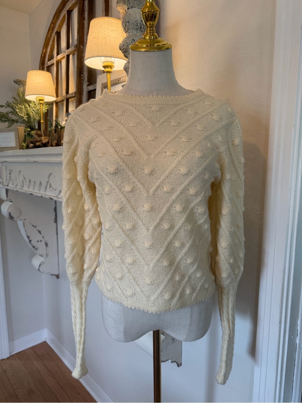 FAVLUX Cream Cable Pom-Pom Crewneck Sweater